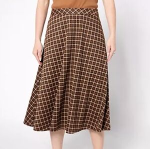 New Isaac Mizrahi Live! Skirt Estate Yarn Dye Plaid Pull On Midi Brown 1X Tartan